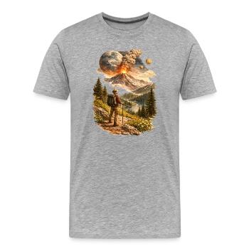 Des randonneurs devant un volcan en éruption et un monde étrange - T-shirt bio Premium Homme - gris chiné - Devant - Damien (186cm)