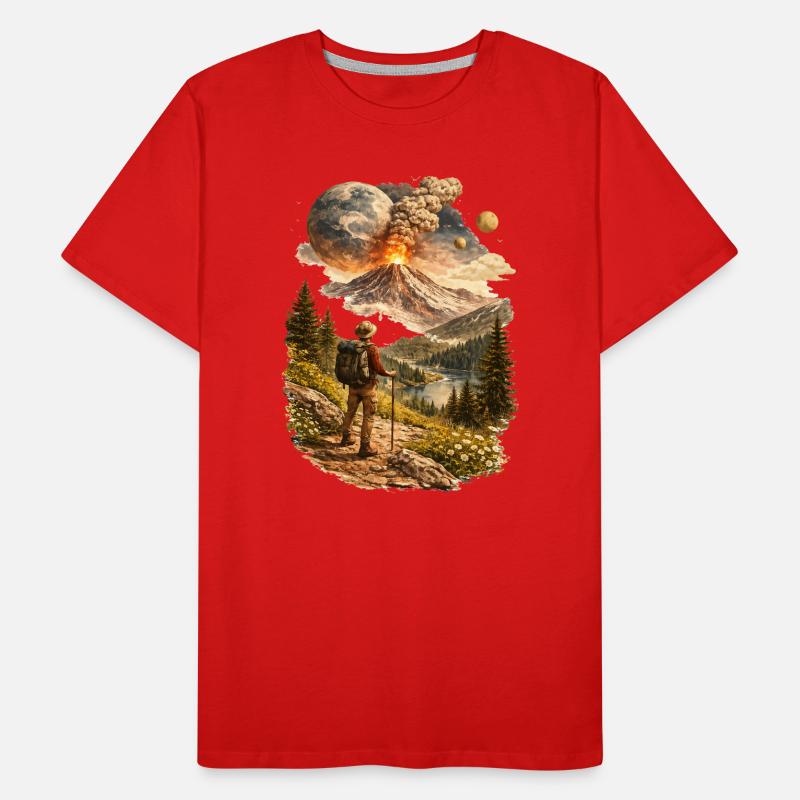 Des randonneurs devant un volcan en éruption et un monde étrange T-shirt bio Premium Homme