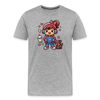 Fille Gamer Esthétique avec une tablette de surf et un chiot - T-shirt bio Premium Homme - gris chiné - Devant - Damien (186cm)