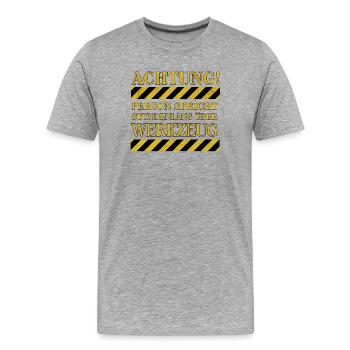 Achtung: Person spricht stundenlang über Werkzeug - Männer Premium Bio T-Shirt - Grau meliert - Vorne - Damien (186cm)