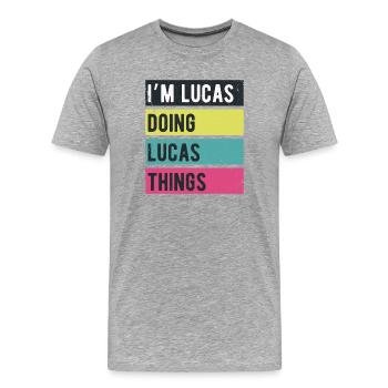 Je suis Lucas qui fait des couleurs rétro de Lucas Things - T-shirt bio Premium Homme - gris chiné - Devant - Damien (186cm)