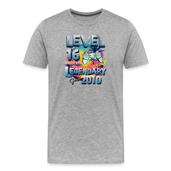 Level 16 Jahre Freigeschaltet seit 2010 Geburtstag - Männer Premium Bio T-Shirt - Grau meliert - Vorne - Damien (186cm)