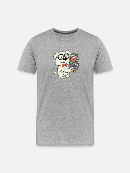 Bücherwurm und gestapelte Bücher - Männer Premium Bio T-Shirt - Grau meliert