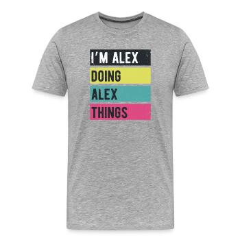 Ich bin Alex und mache Alex-Dinge in Retro-Farben - Männer Premium Bio T-Shirt - Grau meliert - Vorne - Damien (186cm)