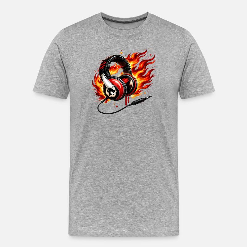 Flammen Kopfhörer Skull Design  - Männer Premium Bio T-Shirt - Grau meliert