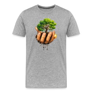 Natur schützen Baum in der Hand  - Männer Premium Bio T-Shirt - Grau meliert - Vorne - Damien (186cm)