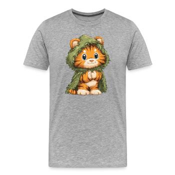 Cuddly tiger in a moss cape - Men's Premium Organic T-Shirt - heather grey - Front - Damien (186cm)