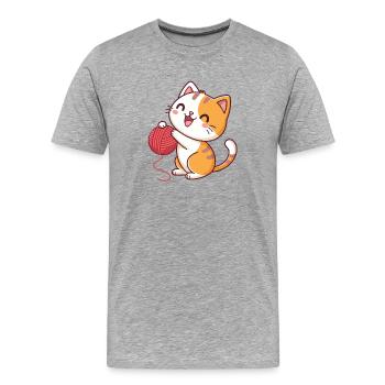 Chaton joyeux et pelote rouge - T-shirt bio Premium Homme - gris chiné - Devant - Damien (186cm)