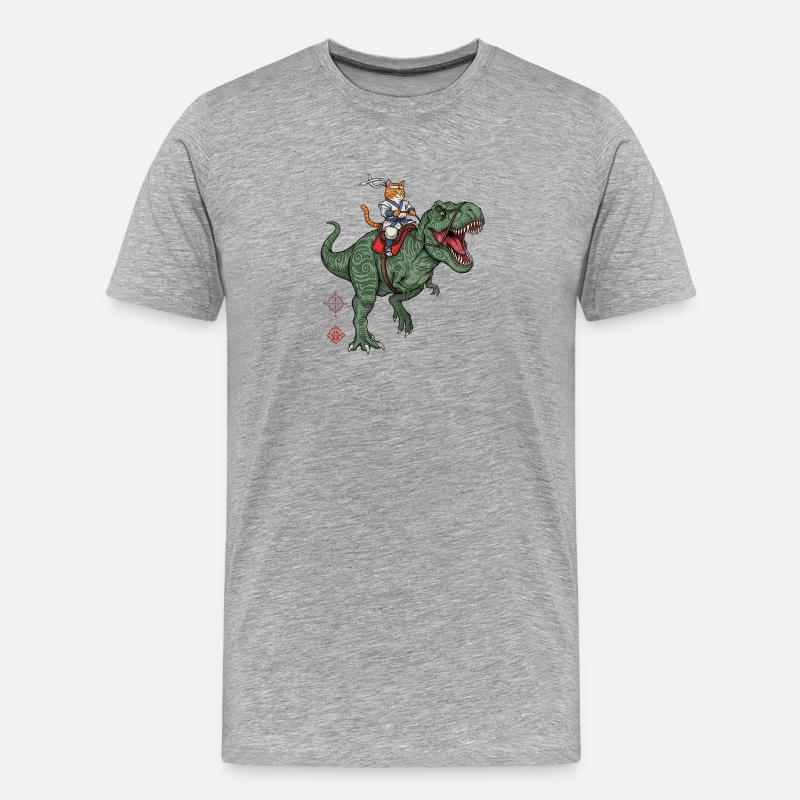 Katzenritter auf Dinosaurier - Männer Premium Bio T-Shirt - Grau meliert