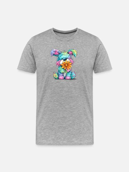 Bunter Welpe mit Blume - Männer Premium Bio T-Shirt - Grau meliert