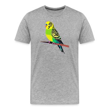 Motif coloré de perruche ondulée sur branche, jaune, vert, bleu - T-shirt bio Premium Homme - gris chiné - Devant - Damien (186cm)