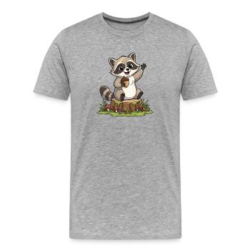 Waschbär am Waldbank mit Eichel - Männer Premium Bio T-Shirt - Grau meliert - Vorne - Damien (186cm)
