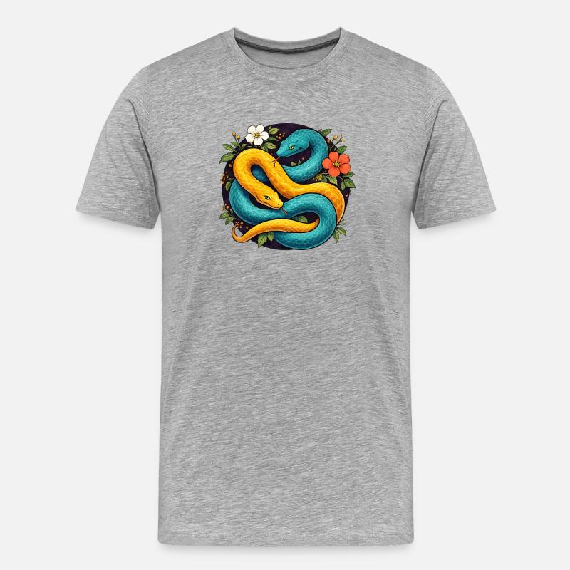 Deux serpents python dans l’anneau fleuri - T-shirt bio Premium Homme - gris chiné