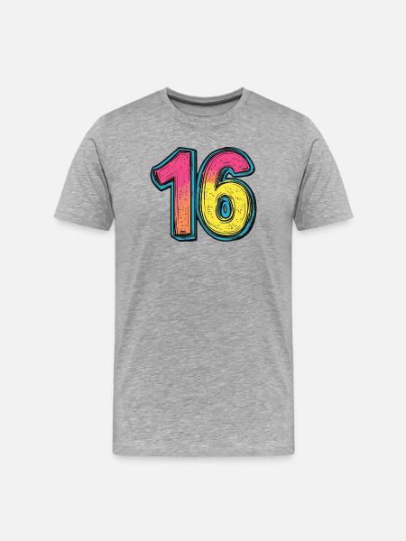 16 Zahl Bunt - Männer Premium Bio T-Shirt - Grau meliert