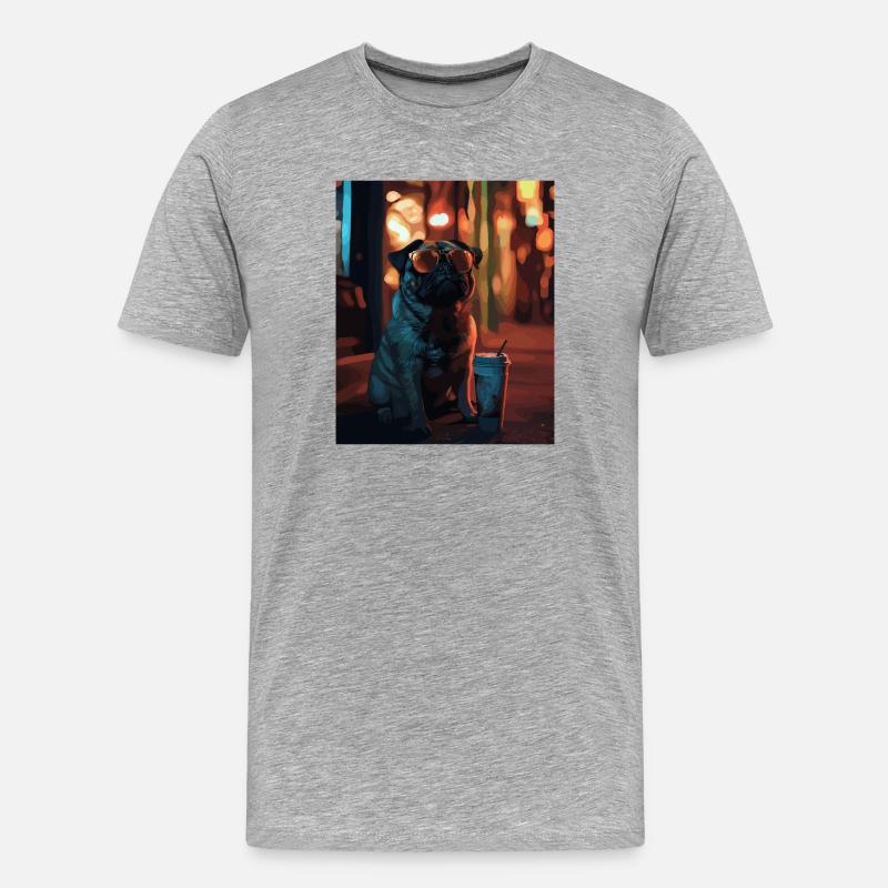 Mops mit Sonnenbrille und Eiskaffee - Männer Premium Bio T-Shirt - Grau meliert