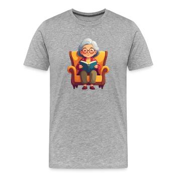 Oma sitzt im Sessel und liest ein Buch - Männer Premium Bio T-Shirt - Grau meliert - Vorne - Damien (186cm)