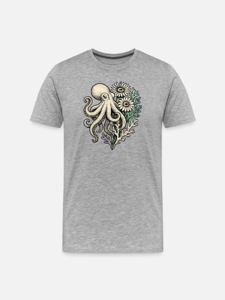 Oktopus mit Korallenblüten - Männer Premium Bio T-Shirt - Grau meliert
