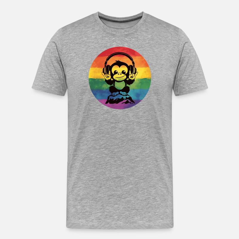 Regenbogen DJ Affe – Kopfhörer Rockhandzeichen - Männer Premium Bio T-Shirt - Grau meliert