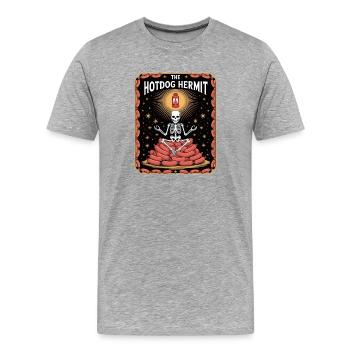 The Hotdog Hermit Skelett Meditiert Auf Würsten - Männer Premium Bio T-Shirt - Grau meliert - Vorne - Damien (186cm)