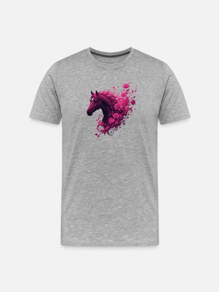 Magenta Pferd mit Blütenwirbel - Männer Premium Bio T-Shirt - Grau meliert
