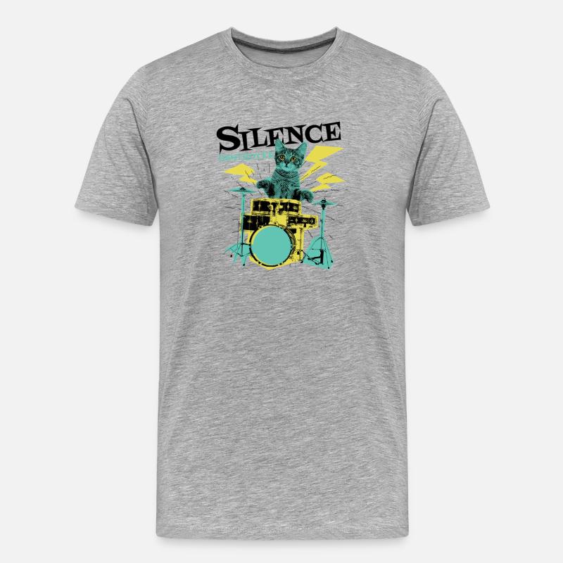 Katze Drummer - Männer Premium Bio T-Shirt - Grau meliert
