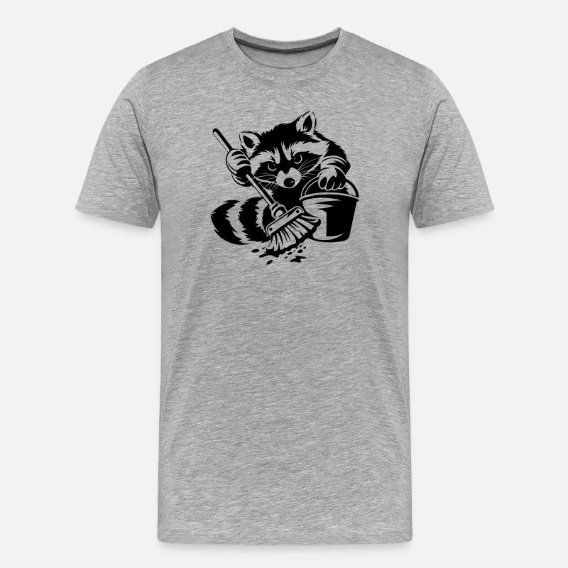 Waschbär mit Eimer & Mopp - Männer Premium Bio T-Shirt - Grau meliert