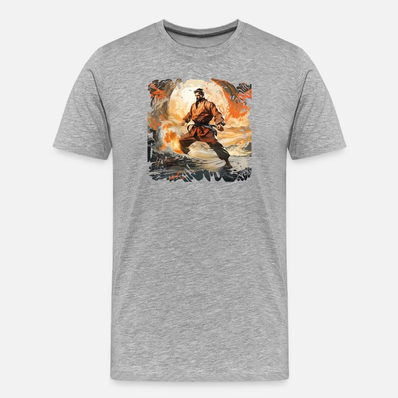 Karate-Krieger im Feuersturm - Männer Premium Bio T-Shirt - Grau meliert