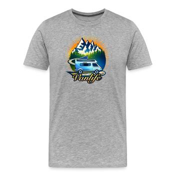 Vanlife Camper Illustration Bergmotiv  - Männer Premium Bio T-Shirt - Grau meliert - Vorne - Damien (186cm)