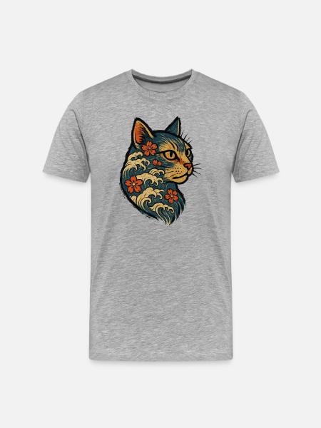 Japanese Cat Kanagawa Waves Sakura - Men's Premium Organic T-Shirt - heather grey