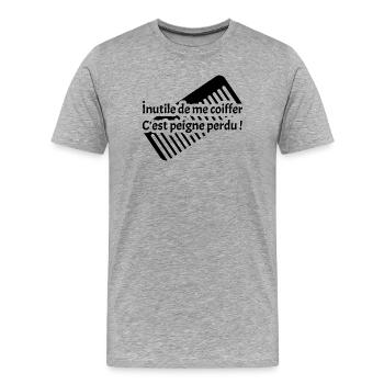 INUTILE DE ME COIFFER C'EST PEIGNE PERDU !  - T-shirt bio Premium Homme - gris chiné - Devant - Damien (186cm)