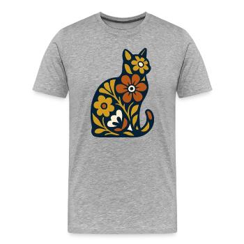Blütenkatze Folk-Art Muster - Männer Premium Bio T-Shirt - Grau meliert - Vorne - Damien (186cm)