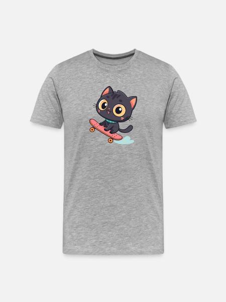 Kawaii schwarze Skateboard-Katze - Männer Premium Bio T-Shirt - Grau meliert
