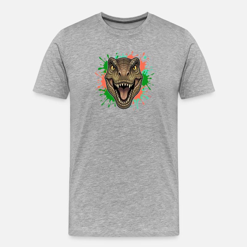 T-Rex Neon Paint Splatter Kopf - Männer Premium Bio T-Shirt - Grau meliert