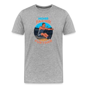 Saut en longueur : Plus haut, plus vite, plus loin - T-shirt bio Premium Homme - gris chiné - Devant - Damien (186cm)
