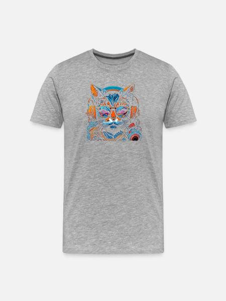 Neon DJ-Katze mit Kopfhörern - Männer Premium Bio T-Shirt - Grau meliert