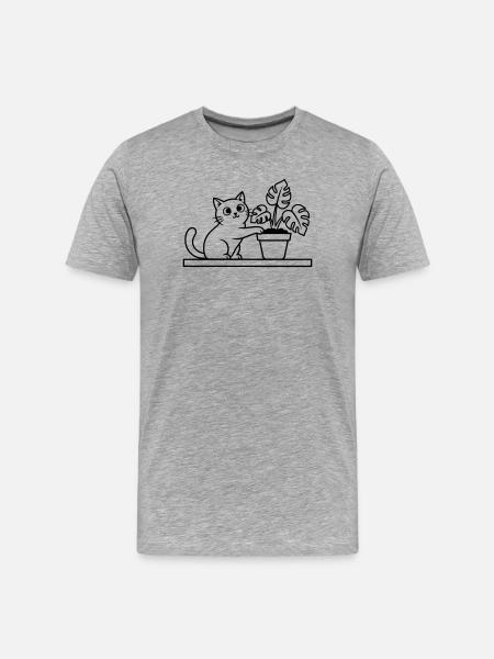 Cat Plant Monstera Outline - Men's Premium Organic T-Shirt - heather grey