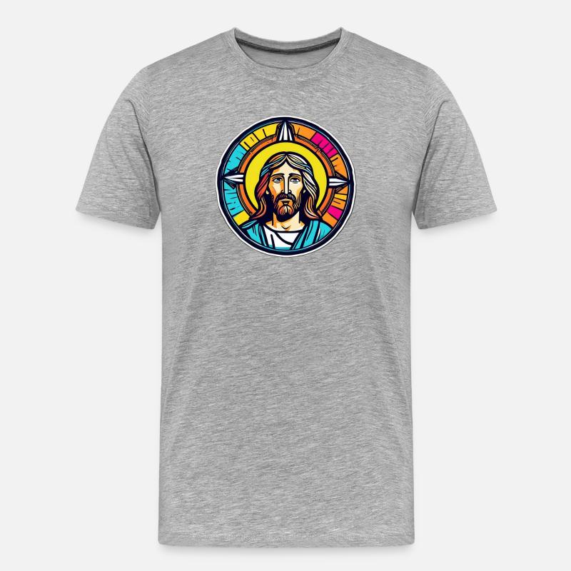 Jesus, buntes Buntglas - Männer Premium Bio T-Shirt - Grau meliert