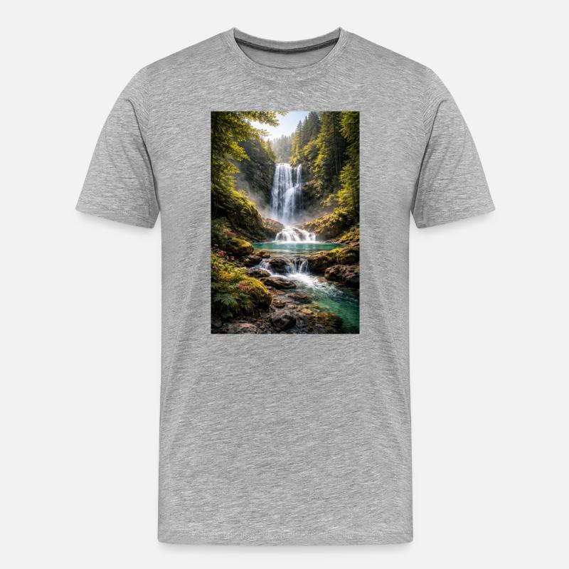 Grünflächen am Wasserfall - Männer Premium Bio T-Shirt - Grau meliert