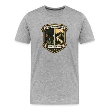 Soziale Batterie leer | Abenteuer hoch - Männer Premium Bio T-Shirt - Grau meliert - Vorne - Damien (186cm)