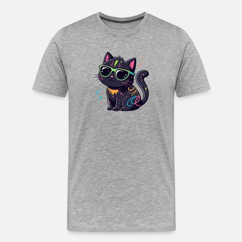 Neonschwarze Katze und Brille - Männer Premium Bio T-Shirt - Grau meliert