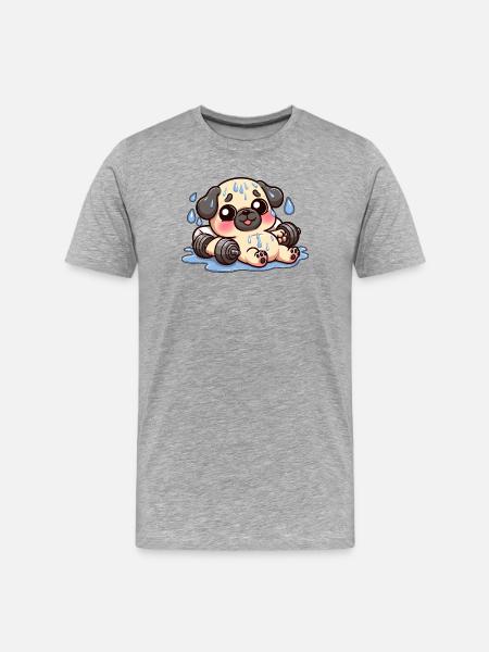 Sød mops tegneserie-vægtløftning med vægtvægte - Herre Premium T-shirt økologisk - grå meleret