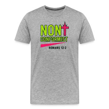 Chrétien Pop Art Romains 12:2 Design Néon - T-shirt bio Premium Homme - gris chiné - Devant - Damien (186cm)