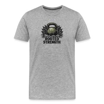 Rooted Strength: Eco-Primal Kettlebell Design - Men's Premium Organic T-Shirt - heather grey - Front - Damien (186cm)