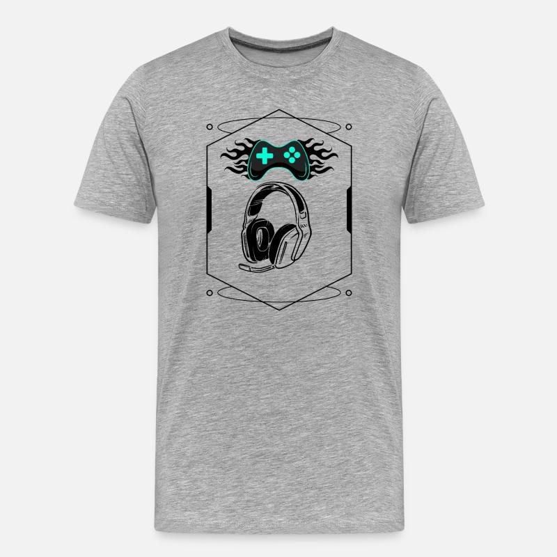 Futuristischer flammender Controller und Gaming-Headset - Männer Premium Bio T-Shirt - Grau meliert