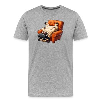 Mops mit VR Brille im Sessel - Männer Premium Bio T-Shirt - Grau meliert - Vorne - Damien (186cm)