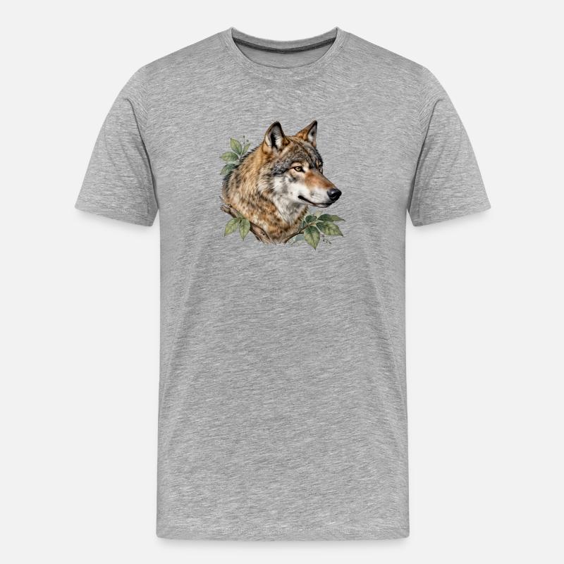 Wolf umgeben von Laub - Männer Premium Bio T-Shirt - Grau meliert