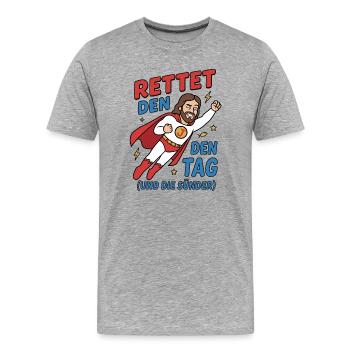 Rettet den Tag Jesus Humor Design - Männer Premium Bio T-Shirt - Grau meliert - Vorne - Damien (186cm)