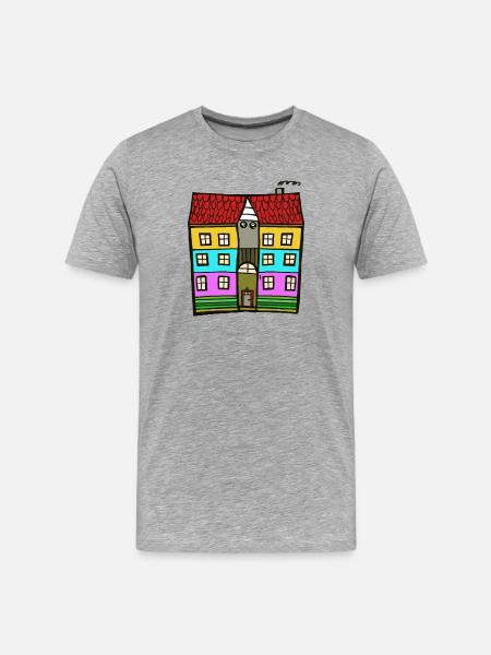 Buntes Haus Illustration Wohnhaus - Männer Premium Bio T-Shirt - Grau meliert