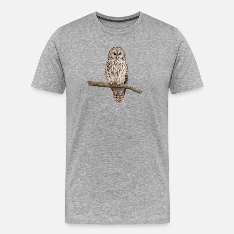 Uraleule an einem Ast - Männer Premium Bio T-Shirt - Grau meliert