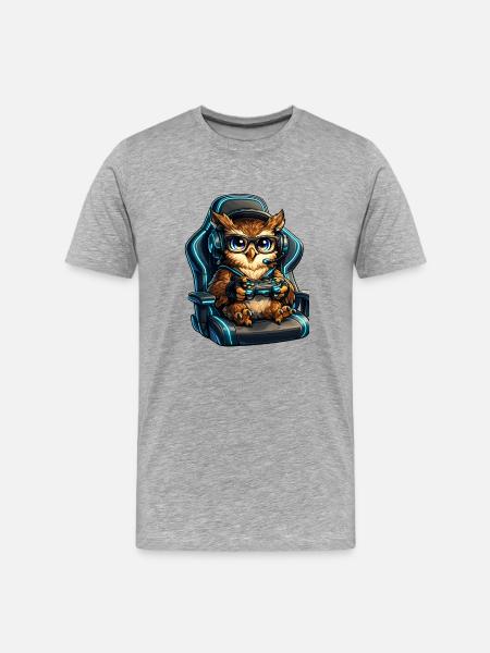 Gamer Eulenheld im Headset - Männer Premium Bio T-Shirt - Grau meliert